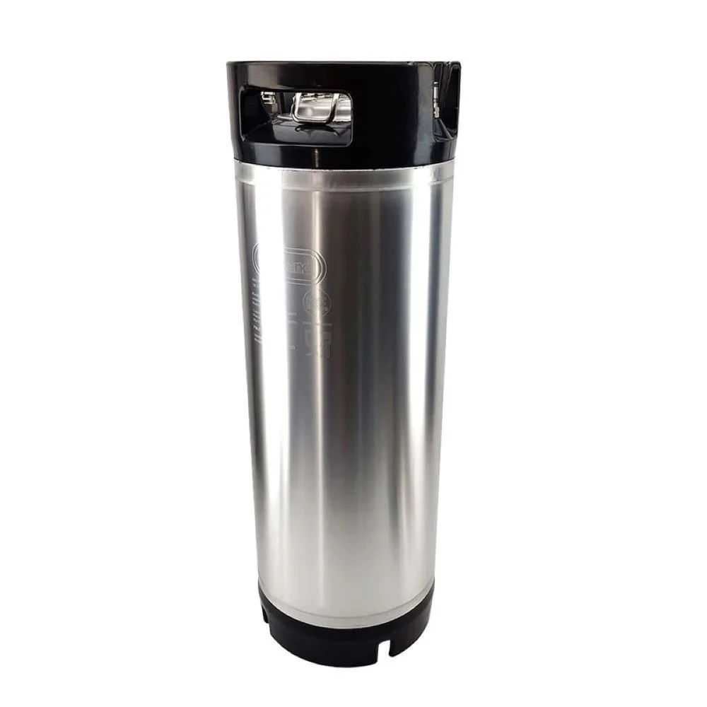 Stainless steel beverage keg with black handle.
