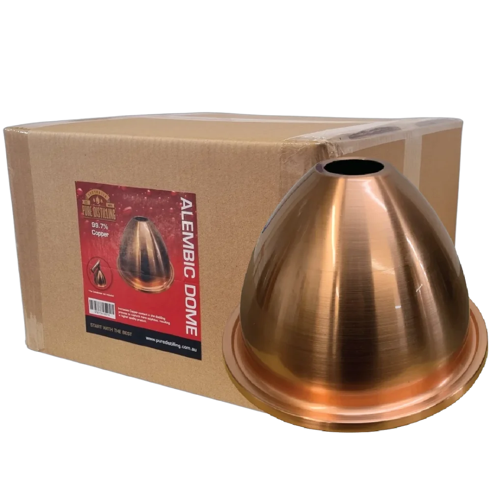 Copper alembic dome on box packaging.